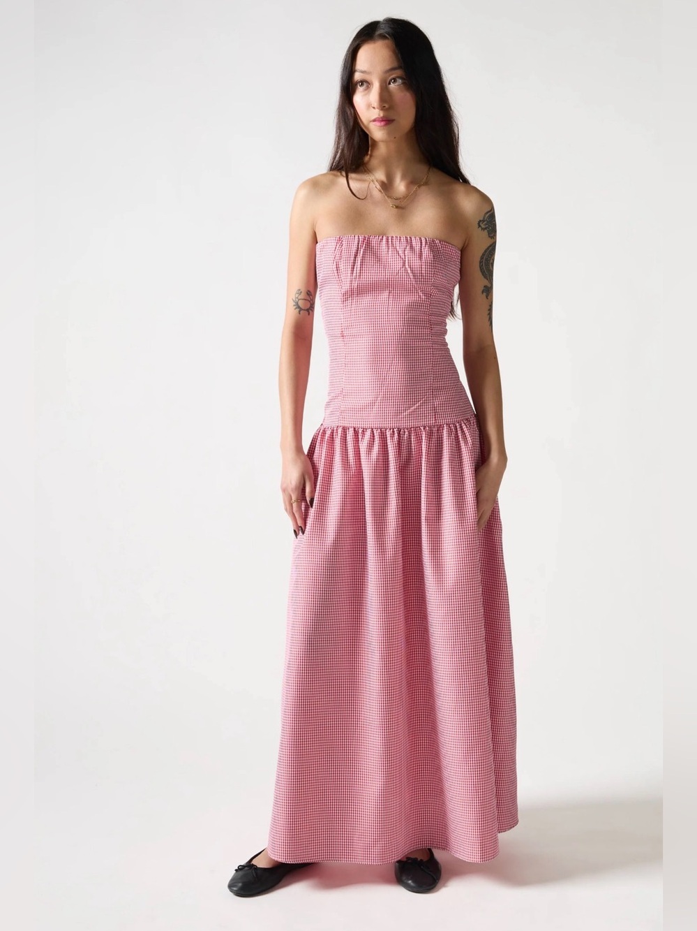 Strapless Pink Gingham Maxi Dress with Smocked Bodice
